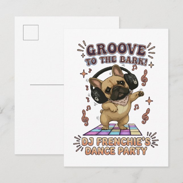 Postal De Invitación Gráfica de fiesta de baile Retro DJ Frenchie (Anverso / Reverso)