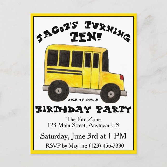 Postal De Invitación Gran Autobús Escolar Amarillo Fiesta de Cumpleaños (Anverso)