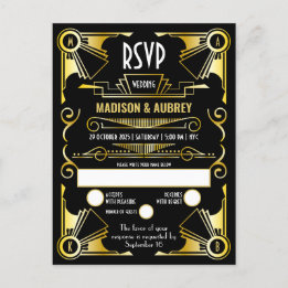 Postal De Invitación Gran Gatsby Art Deco Boda Gold y Black RSVP