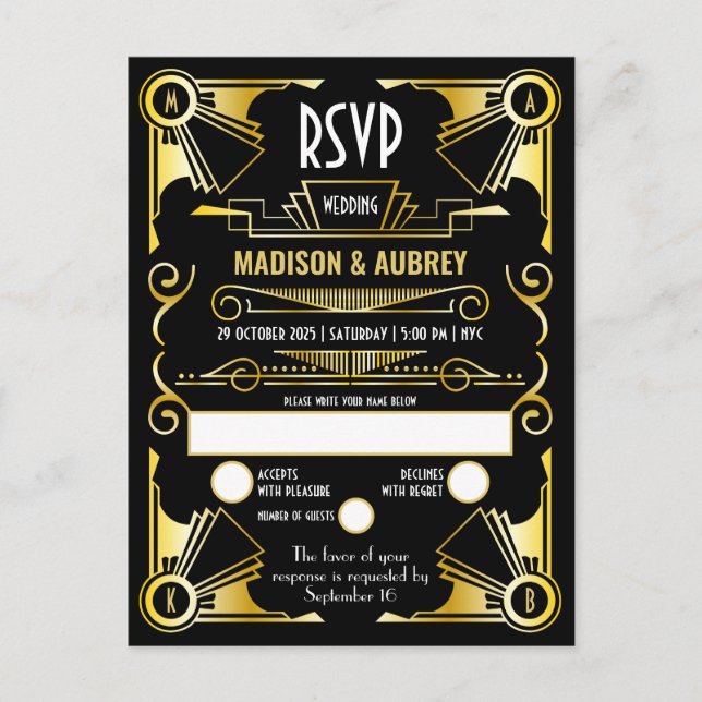Postal De Invitación Gran Gatsby Art Deco Boda Gold y Black RSVP (Anverso)