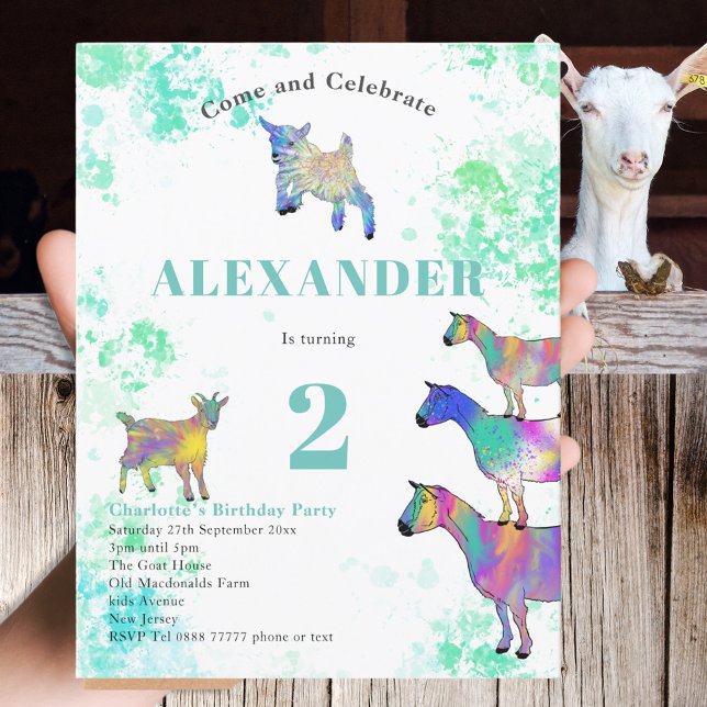 Postal De Invitación Granja de cabra de animales de arte 2º Fiesta de c (Cute goat colorful farm animals watercolor 2nd birthday invitation )