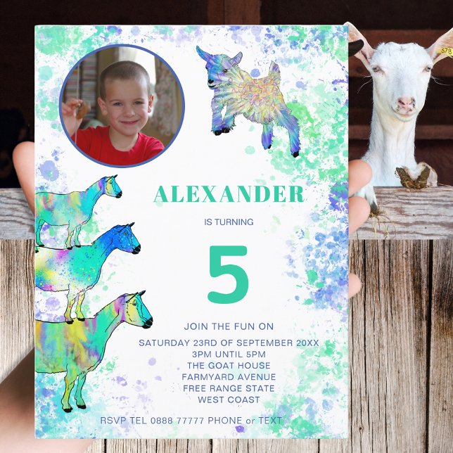 Postal De Invitación Granja de cabras Animales Arte 5º Presupuesto de f (Cute goats farm animal 5th birthday party budget invitation photo template colorful watercolor art)
