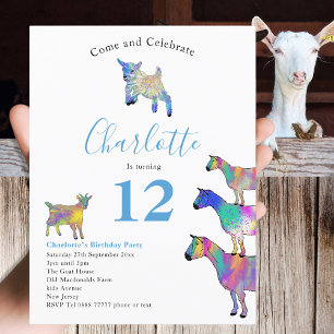Postal De Invitación Granja de Cabras Cumpleaños 12 Años Fiesta Azul
