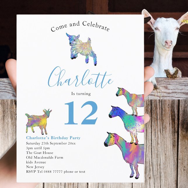 Postal De Invitación Granja de Cabras Cumpleaños 12 Años Fiesta Azul (Cute goats colorful farm animal watercolor art 12th birthday party budget invitation )