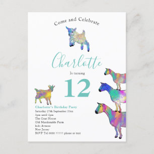 Postal De Invitación Granja de Cabras Cumpleaños Animal Verde Turquesa