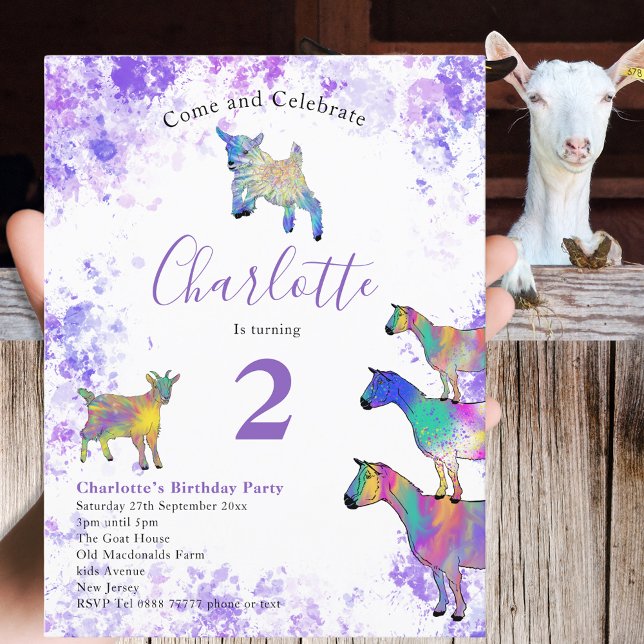 Postal De Invitación Granja de cabras de maíz Animal Fiesta de cumpleañ (Cute goats farm animal 2nd birthday party invitation postcard colorful watercolor animal art)
