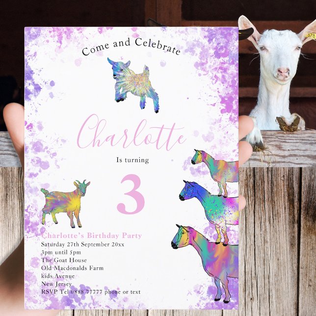 Postal De Invitación Granja de cabras lindas Animales Cumpleaños número (Cute goats farm animal 3rd birthday party budget invitation postcard colorful watercolor animal art)