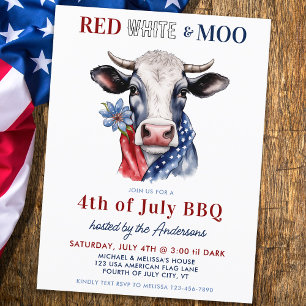 Postal De Invitación Granja De Vaca Patriótica Moo Blanco Rojo 4 De Jul