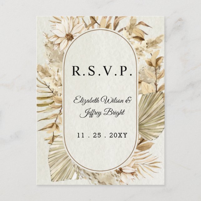 Postal De Invitación Grasa Rustic Neutral Earthy Boho Pampas RSVP (Anverso)