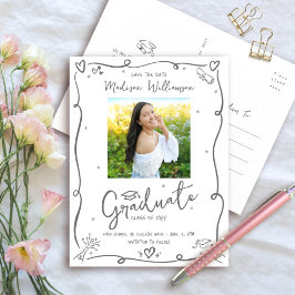 Postal De Invitación Gray Hand Drawn Doodles Save the Date Grad Photo