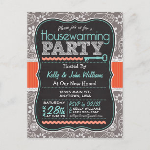 Postal De Invitación Gray Paisley; Chalkboard Fiesta de calentamiento d