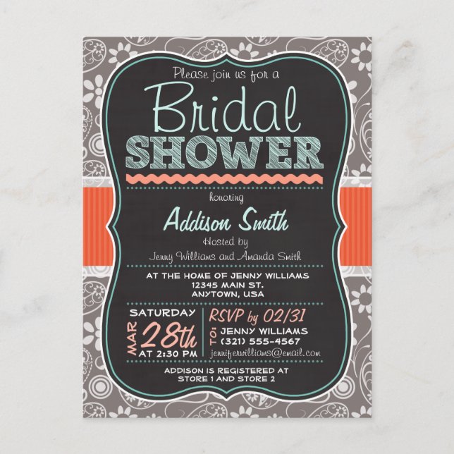 Postal De Invitación Gray Paisley Chalkboard look Bridal Shower (Anverso)