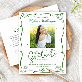Postal De Invitación Green Doodles Graduation Save the Date Photo White