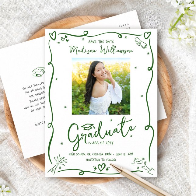 Postal De Invitación Green Doodles Graduation Save the Date Photo White (Subido por el creador)