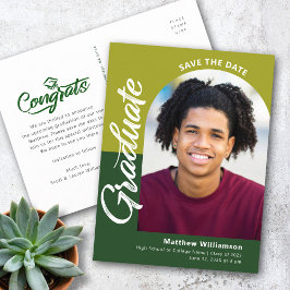 Postal De Invitación Green Save Date Graduation Photo Bold Arch Script