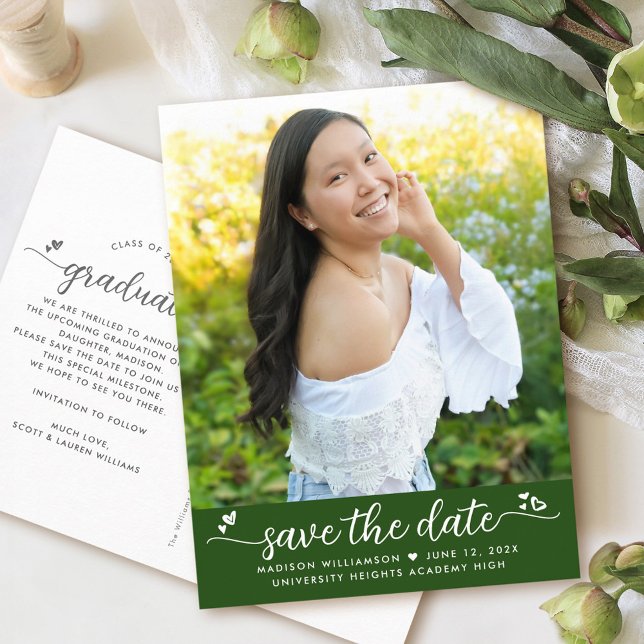 Postal De Invitación Green Save the Date Photo Graduation Script Hearts (Subido por el creador)