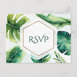Postal De Invitación Green Tropical Leaves White Elegant Wedding RSVP