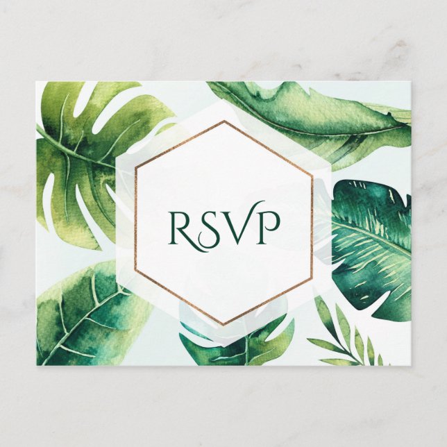 Postal De Invitación Green Tropical Leaves White Elegant Wedding RSVP (Anverso)