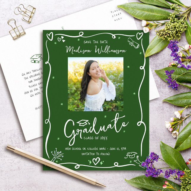 Postal De Invitación Green White Doodles Graduation Save the Date Photo (Subido por el creador)