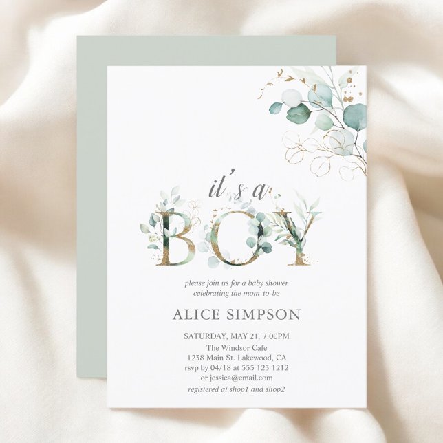 Postal De Invitación Greenery Eucalyptus Boy Baby Shower (Subido por el creador)