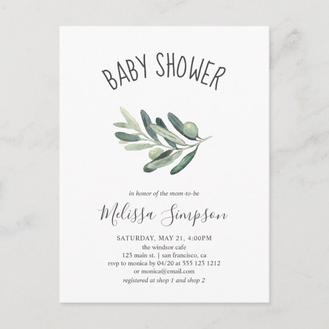 Postal De Invitación Greenery Olive Baby Shower (Anverso)