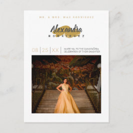 Postal De Invitación Gris de acero y foto de oro Quinceanera