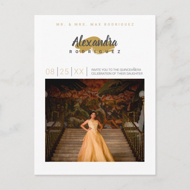 Postal De Invitación Gris de acero y foto de oro Quinceanera (Anverso)