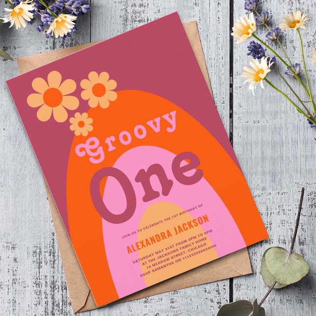 Postal De Invitación Groovy One Retro Boho Cumpleaños 1 (Groovy one retro boho 1st birthday party budget invitation postcard )