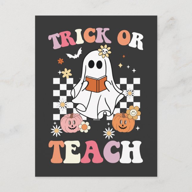 Postal De Invitación Groovy Trick O Enseñanza Profesora Halloween Ghost (Anverso)