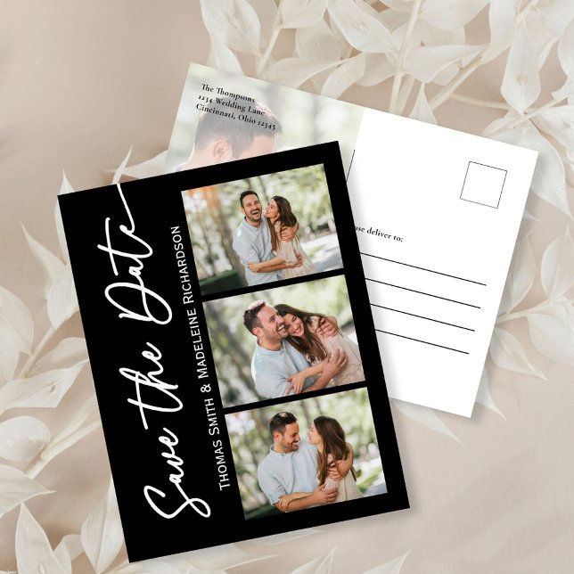 Postal De Invitación Guardar el Collage de fotos de Boda de fecha simpl (Modern minimalist save the date postcard template with a 4 photo template. )