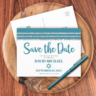 Postal De Invitación Guardar Fecha Bar Mitzvah Talit Escritura Teal Pla