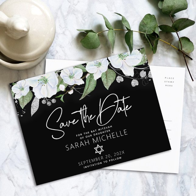 Postal De Invitación Guardar Fecha de Bat Mitzvah Floral Negro Plata Sc (Subido por el creador)