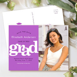 Postal De Invitación Guardar fecha foto de graduación púrpura tipografí