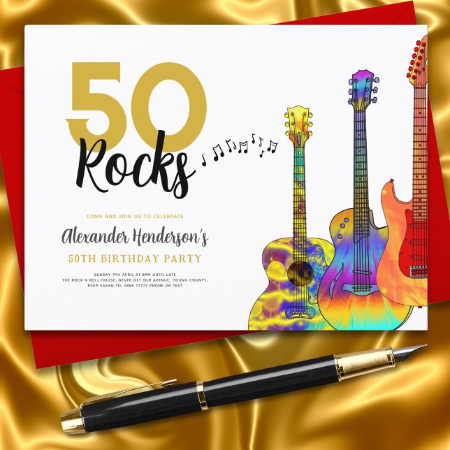 Postal De Invitación Guay 50 rock guitarra fiesta de 50 años (Rock and roll guitar 50 rocks 50th birthday party invitation with funky colorful guitars)