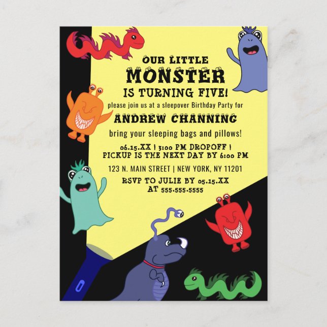 Postal De Invitación Guay Cute Monster Flashlight Sleepover Cumpleaños (Anverso)
