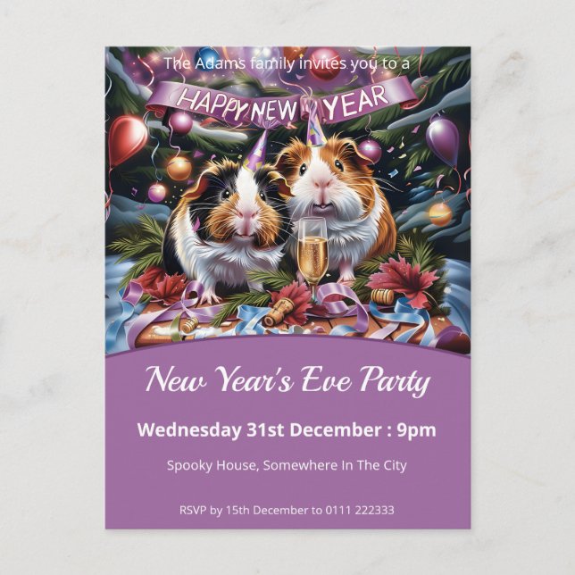Postal De Invitación Guinea Cerdos Fiesta de Nochevieja (Anverso)