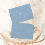 Postal De Invitación Guión caprichoso | Dusty Blue Save The Date<br><div class="desc">Presentamos nuestro impresionante guión caprichoso | azul polvoriento salve la postal de la invitación a la fecha perfecta para su sencilla y moderna celebración de primavera boho. Nuestro elegante diseño incluye una vibrante paleta de colores pastel y luminosa con un guión de caligrafía de moda vintage. Ya sea que prefiera...</div>