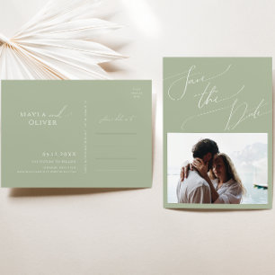 Postal De Invitación Guión caprichoso   Sage Green Photo Save The Date