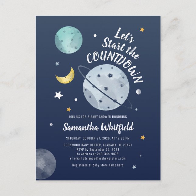 Postal De Invitación Guión de cuenta regresiva Baby Shower de la galaxi (Anverso)