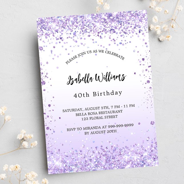 Postal De Invitación Guión de espliego violeta de cumpleaños con brillo (Subido por el creador)