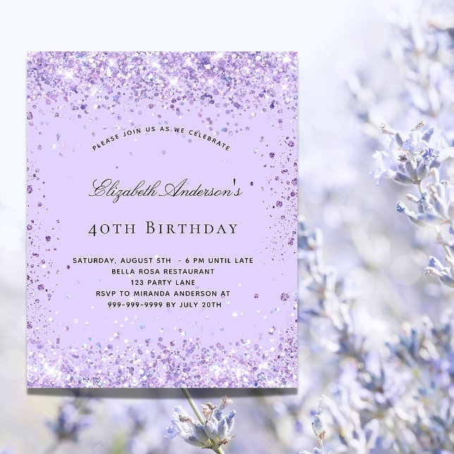 Postal De Invitación Guión de polvo de purpurina de lavanda violeta de  (Subido por el creador)