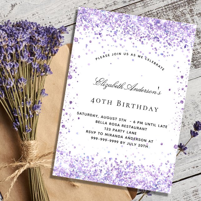 Postal De Invitación Guión de polvo de purpurina de lavanda violeta de  (Subido por el creador)