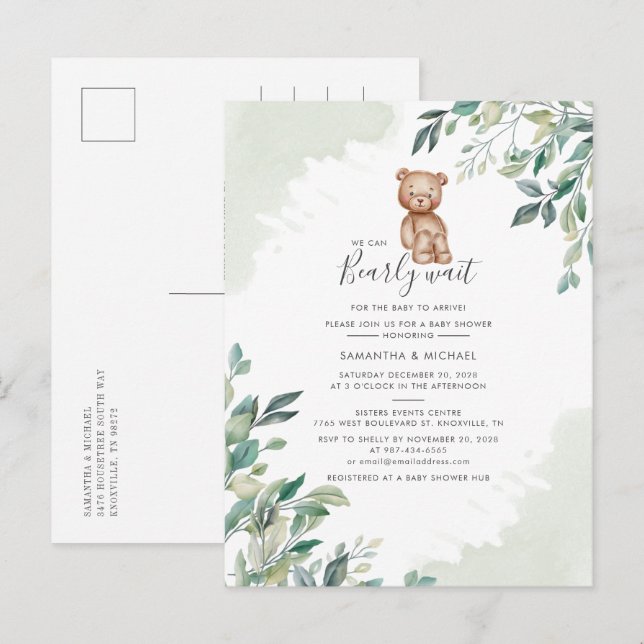 Postal De Invitación Guión de verde de Baby Shower Eucalyptus (Anverso / Reverso)