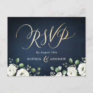 Postal De Invitación Guión dorado moderno boda floral blanca marina RSV