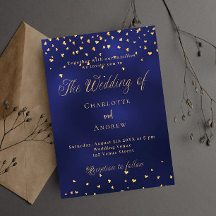 Postal De Invitación guion elegante de corazones de oro azul marino bod