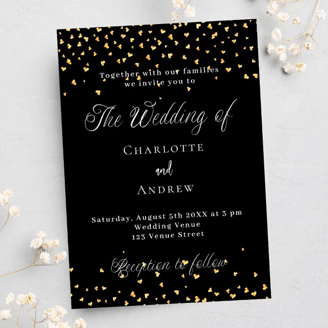 Postal De Invitación Guión elegante de corazones de oro negro boda (Subido por el creador)