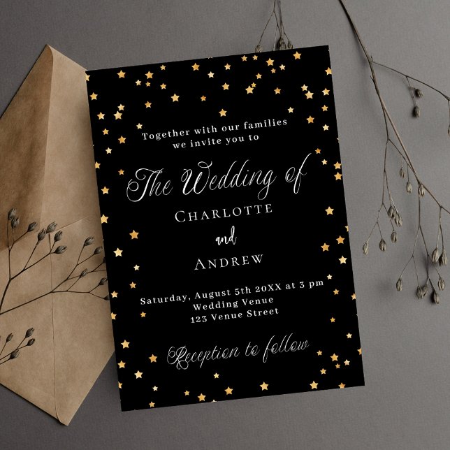 Postal De Invitación Guión elegante de estrellas de oro negro boda (Subido por el creador)