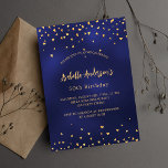 Postal De Invitación Guión elegante del corazón del oro azul marino de<br><div class="desc">Un fondo azul marino decorado con corazones dorados. El color azul es desigual. Personalice y agregue su nombre y detalles del fiesta.</div>