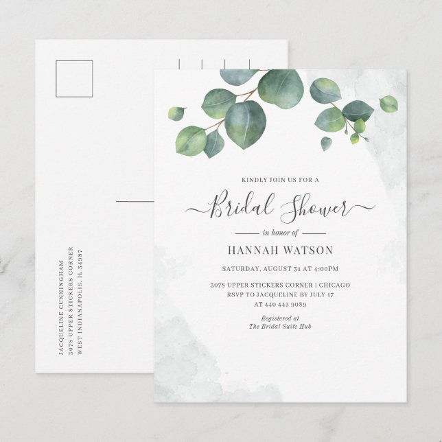 Postal De Invitación Guión floral Eucalyptus Greenery Bridal Shower (Anverso / Reverso)
