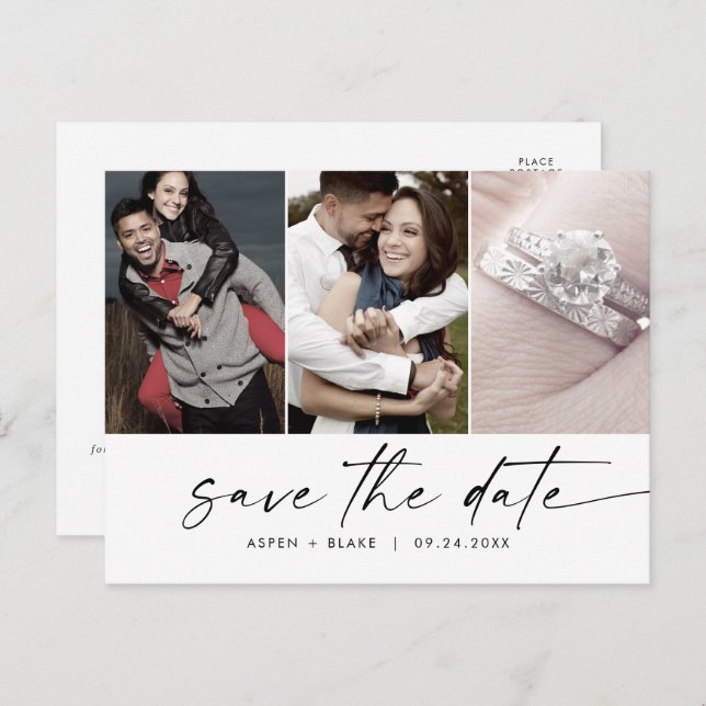 Postal De Invitación Guión moderno 3 Foto Guardar la fecha (Anverso / Reverso)